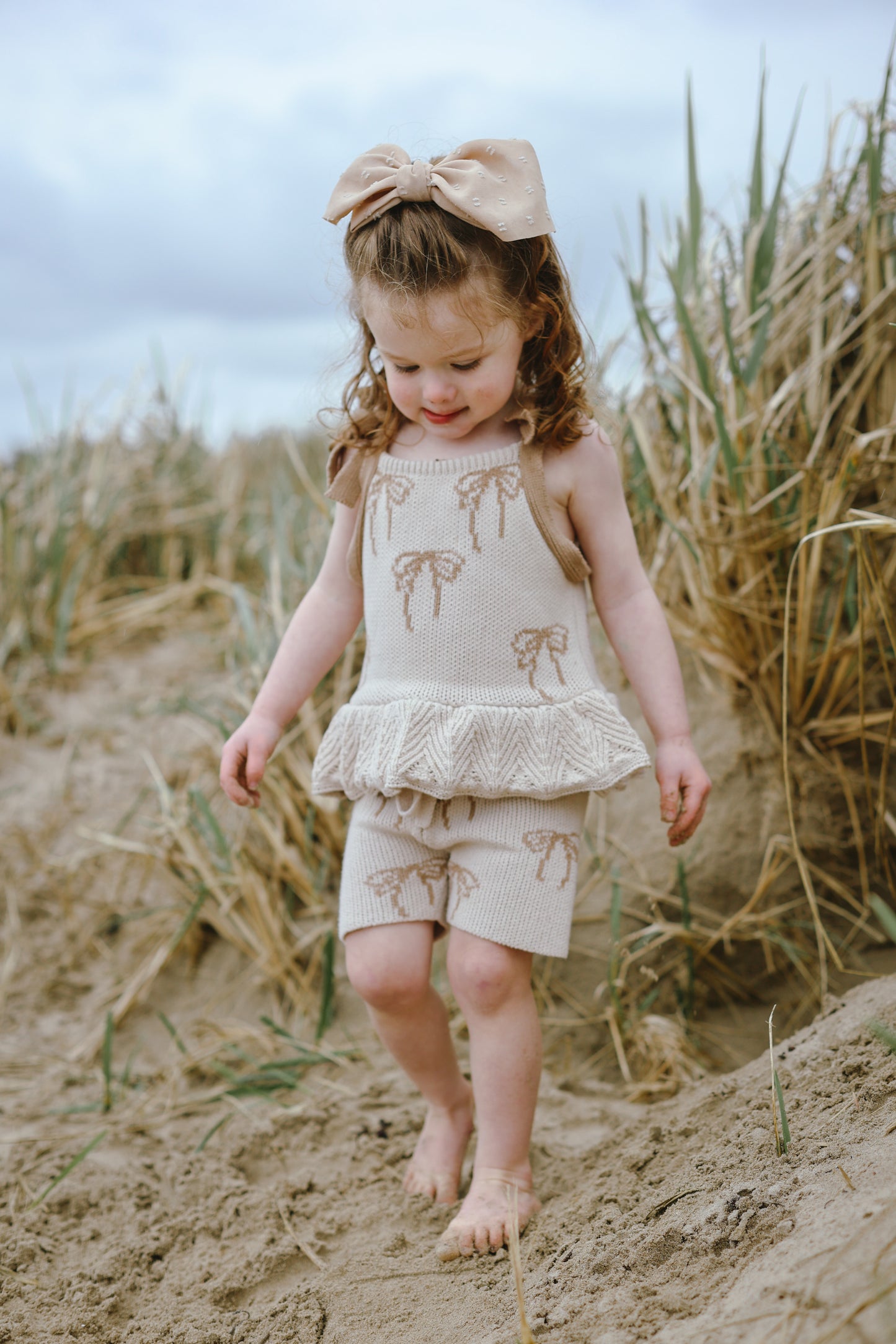 Bow Tie Knit Cycling Shorts | 100% Cotton | Neutral Taupe Bow