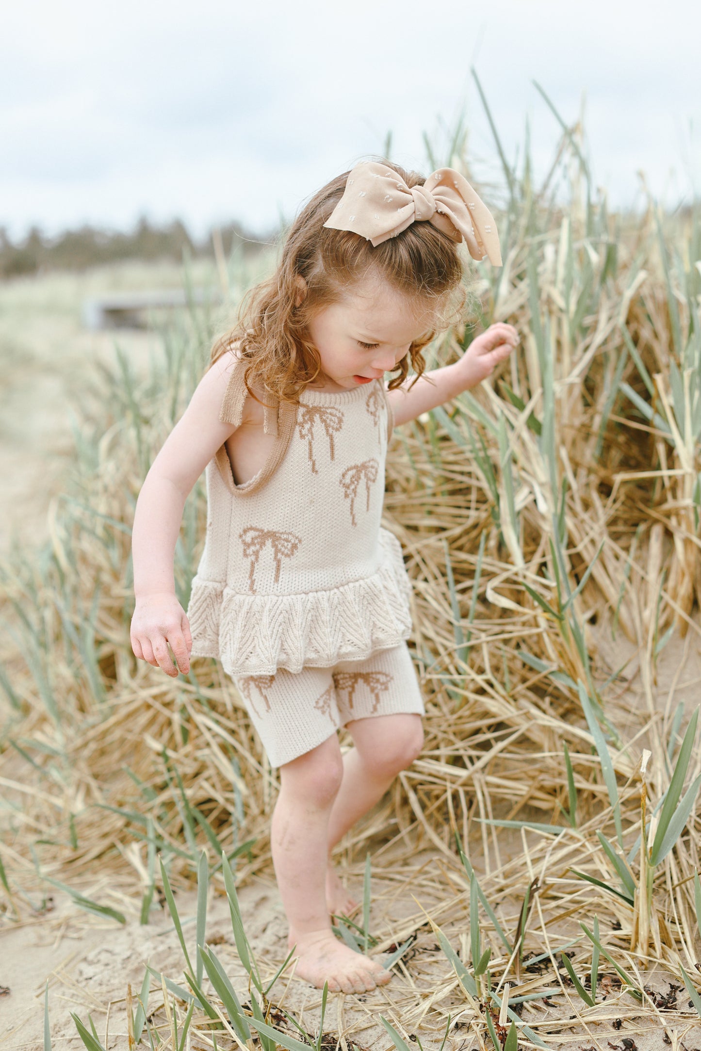 Bow Tie Knit Cycling Shorts | 100% Cotton | Neutral Taupe Bow