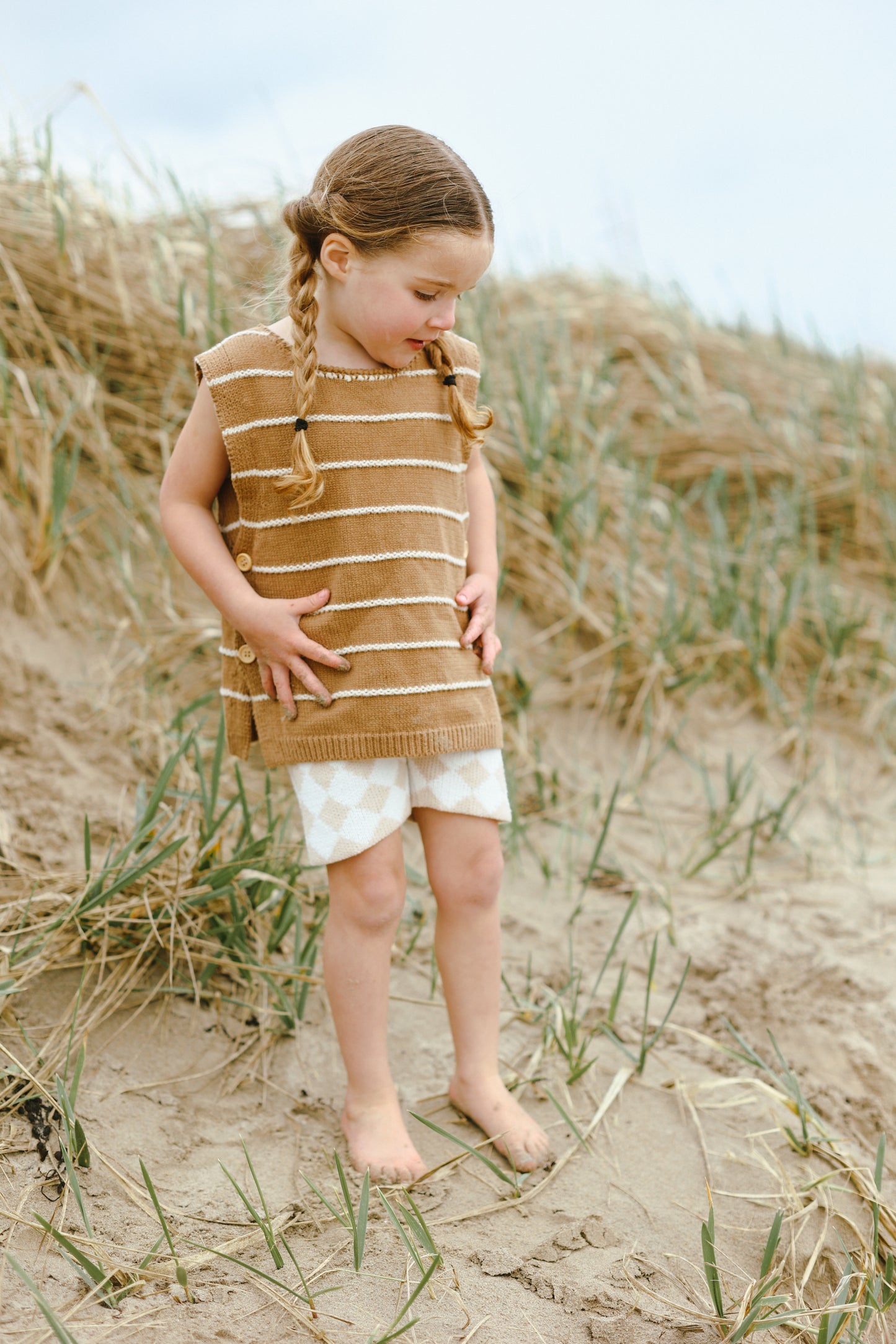 Checked Knit Cycling Shorts | 100% Cotton | Unisex Oat/white