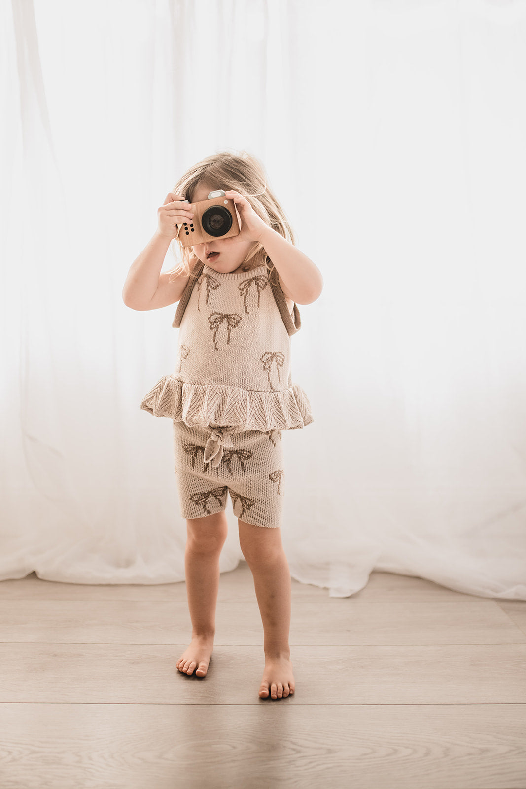 Bow Tie Knit Cycling Shorts | 100% Cotton | Neutral Taupe Bow