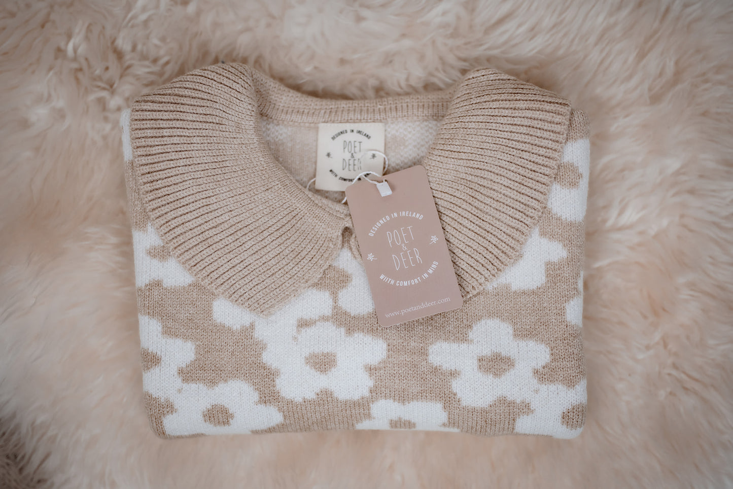 Natural Floral Knit Sweater | Ribbed Collar Detailing | Super Soft Bamboo |